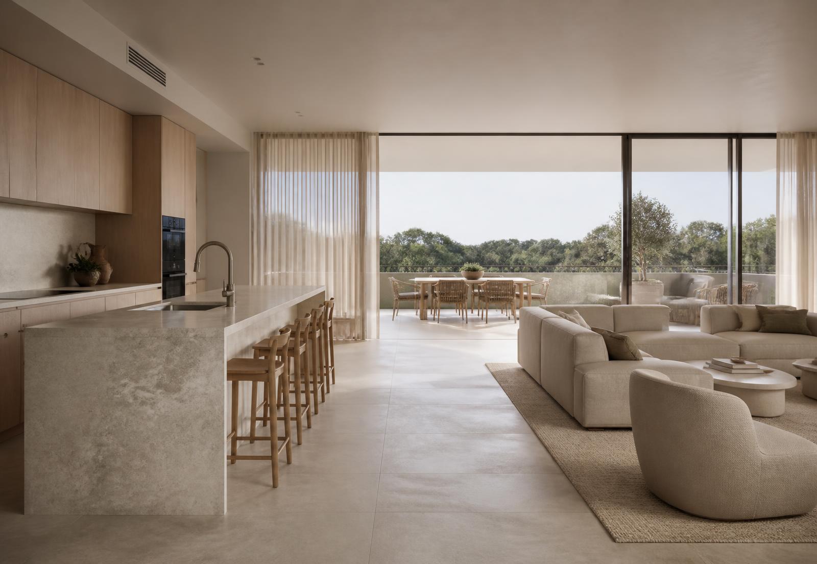 Concept interior of an Avalin residence with stone island bench and deep balcony
