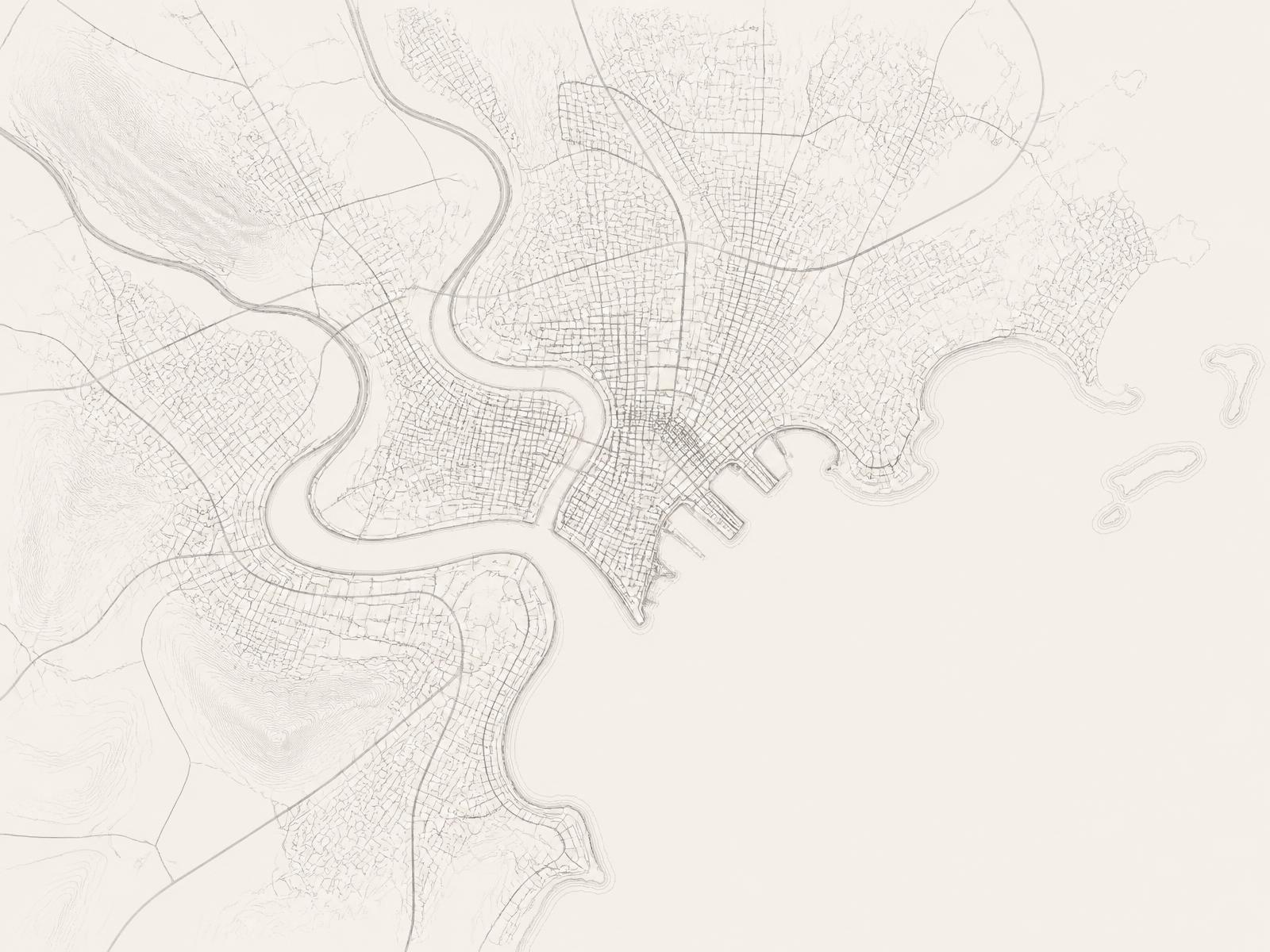 Neutral monochromatic illustrative map of a coastal city with waterways